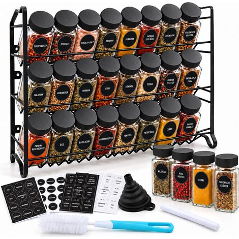 Relaxdays Portaspezie con 24 barattoli, organizer da cucina, da appoggio, a parete, HLP 37x25x12 cm, metallo, nero (1/5)