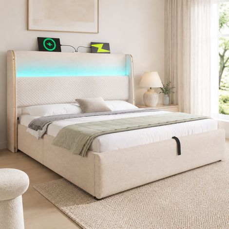 Hydraulisches Bett 180x200 cm mit LED, Stauraum, USB/Type-C, Beige OKMYHOME (1/5)
