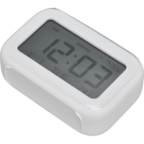 Mini réveil numérique avec écran LCD, fonction snooze, formats 12h et 24h, idéal pour la chambre, les voyages et le bureau (blanc). (1/5)