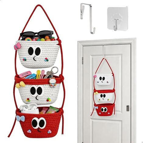 Cotton Wall Hanging Baskets, Decorative Woven Fabric Wall Storage Shelf with Door Hooks and Adhesives, Space Saving for Bathroom, Bedroom, Hallway (1/5)