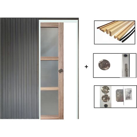 Porte Coulissante Frake Vitree H204 X L83 + Systeme De Galandage Et Kit De Finition Inclus