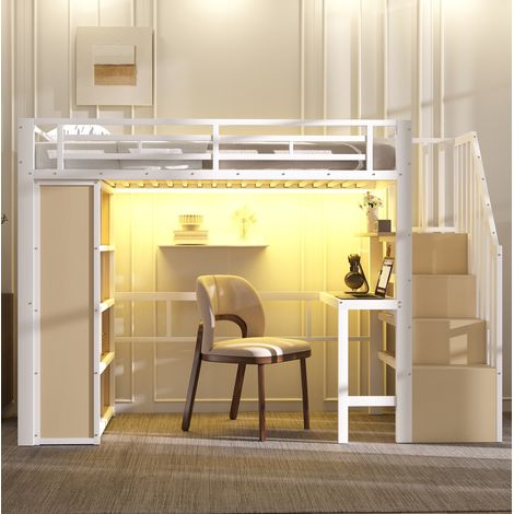 lit adulte rangement 90x200 metal blanc bureau LED OKMYHOME (1/5)