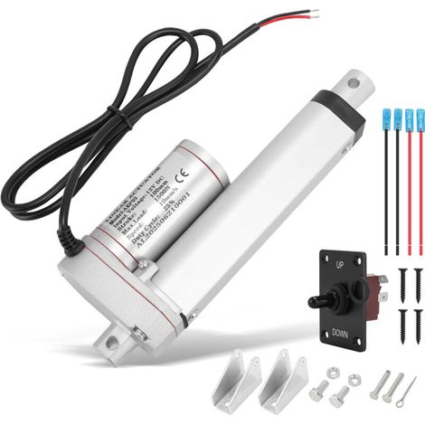 Electric linear actuator, 1500 N thrust, robust 12 V DC high-speed motor, quiet (less than 50 dB), with mounting brackets, 100 mm stroke. (1/5)
