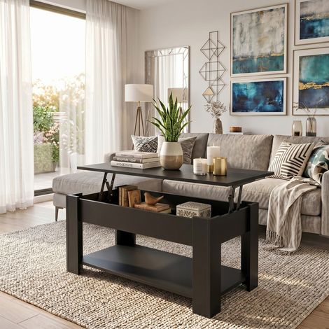 Le Quai Des Affaires – Table basse relevable UTAH 100x50cm – Panneau mélaminé noir – Hauteur 50/62 cm – Coffre de rangement 94x39x11 cm – Mécanismes métalliques (1/5)