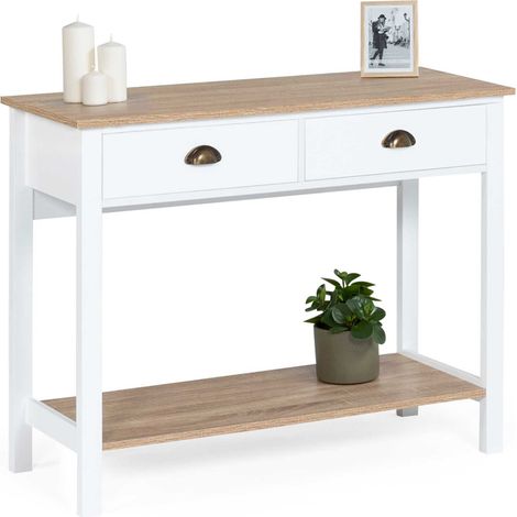 Idmarket – Console 2 tiroirs campagne ISIS – Étagère bois et blanc – Dimensions 100x35x75 cm – Poignées coquille bronze – Meuble d'entrée multifonction