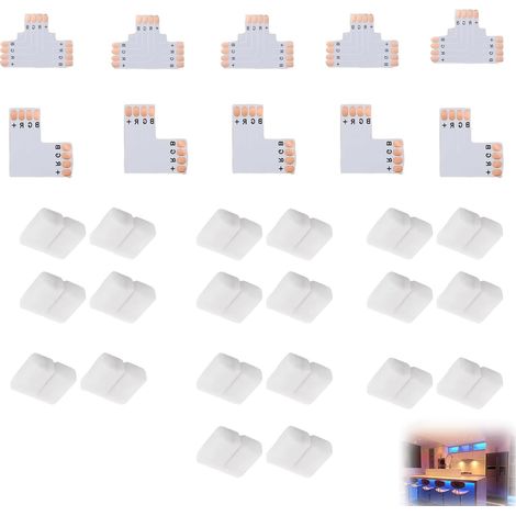 30 Pièces Connecteurs Pour Bande Lumineuse, 10mm Connecteur Ruban 4 Broches Sans Espace Lumineuse 4 Broches Comprend 20 Pinces À Ruban Lumineux 5 Connexion Bande Forme L 5 T Pour LED Multicolores RVB (1/5)