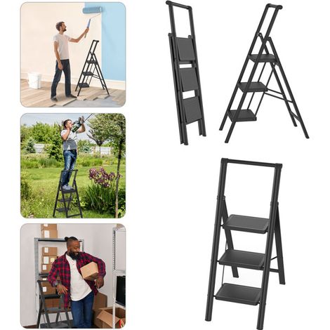 Escabeau pliable 3 marches Escabeau escabeau pliable avec large pédale antidérapante et main courante Escabeau ménager multifonctionnel Escabeau jusqu'à 250KG Noir pour ménage, cuisine-DOU