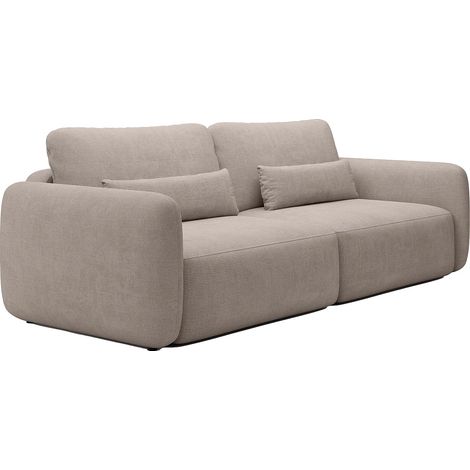 Vente-Unique – Canapé convertible 3 places en tissu texturé taupe – Mécanisme coulissant – 149 cm de largeur de couchage – Éco-responsable fabriqué en Europe (1/5)