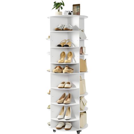 VEVOR Zapatero Ajustable, Armario para 28 Pares de Zapatos, 7 Estantes y 4 Compartimentos, Giratorio 360°, con Ruedas, Ideal para Dormitorio, Sala de Estar o Recibidor, Blanco, 588 x 588 x 1646 mm (1/5)