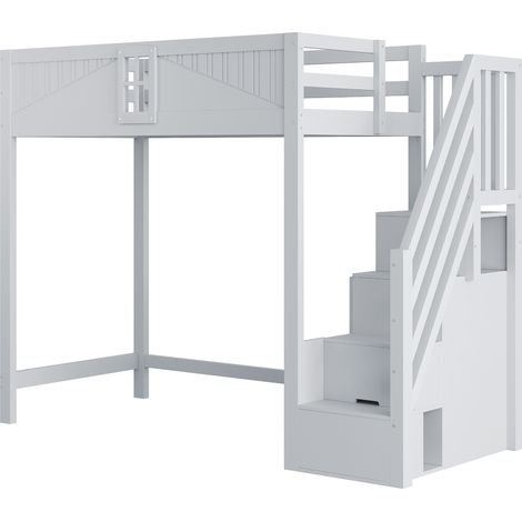 Letto a soppalco 90 x 200 cm in legno grigio con scala reversibile e vani contenitore (1/5)