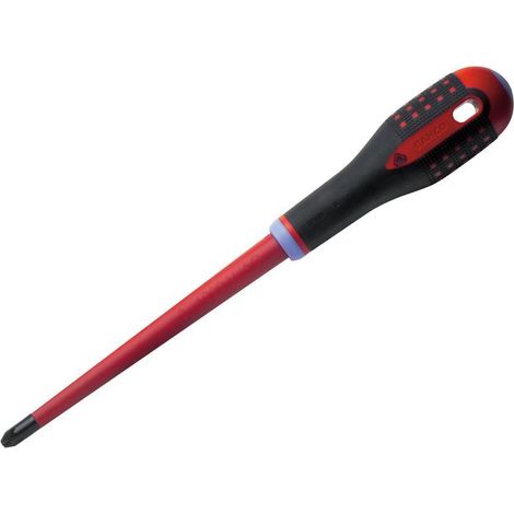 Bahco VDE Insulated ERGO-Pozidriv Screwdriver with Slim Blade, PZ2 x 100 mm, featuring Ergonomic Three-Component Handle