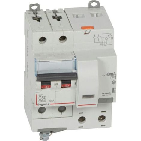 Disjoncteur différentiel monobloc DX³6000 10kA arrivée haute et départ bas à vis 2P 230V à 400V - 50A - typeAC 30mA - LEGRAND