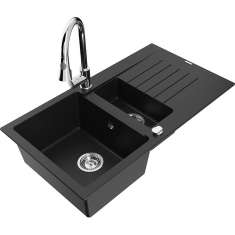 Mexen Matias fregadero de granito de 1,5 senos con escurridor y grifo de cocina Elia, negro - 6502-77-670101-00 (1/5)
