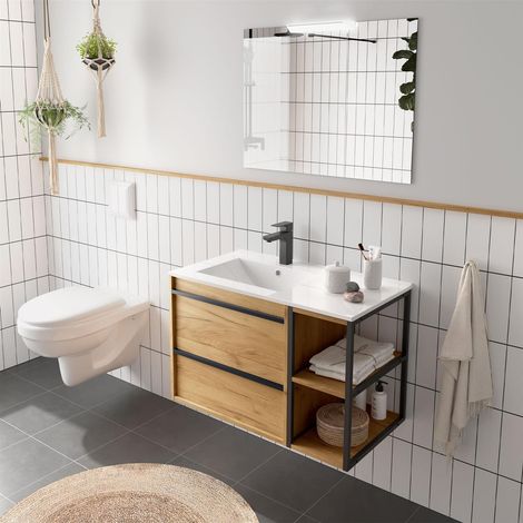Ensemble complet ATTILA 850 droit 2 tiroirs + étagère + meuble-lavabo + miroir + luminaire (1/2)