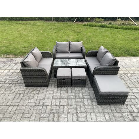 Fimous Ensemble de meubles de jardin en polyrotin 7 Pièces avec Table basse rectangulaire Canapé à deux places 3 Tabourets (1/5)
