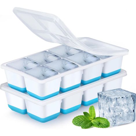 Set di 2 vaschette per cubetti di ghiaccio in silicone con coperchio - Cubetti di ghiaccio grandi 4,5 x 4,5 x 4 cm - Senza BPA, impilabili e lavabili in lavastoviglie - Ideali per cocktail, whisky e p (1/5)