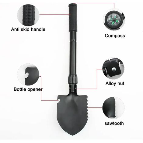 Pelle d'ingénieur pliable et portable pour véhicule, pelle de camping, pelle d'extérieur, outil de survie et d'autodéfense, sac de rangement pour boussole