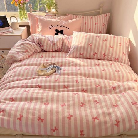 Bettwäsche 200x220 cm gestreift mit Schleifenmuster, 3-teilig, rosa, Mikrofaser
