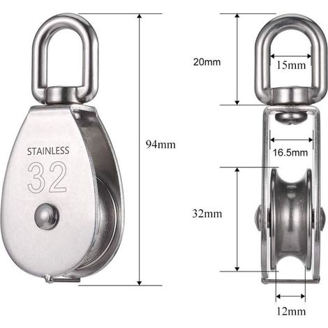 pulegge di sollevamento in acciaio inox 304 con capacità di carico di 250 kg, puleggia per cavo, puleggia singola M32 per fune metallica girevole per gru - 32 mm (argento) (1/4)
