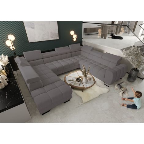 Wohnlandschaft Schlafsofa BASTIEN XL in Stoff Gemma Dunkelgrau Ottomane Links