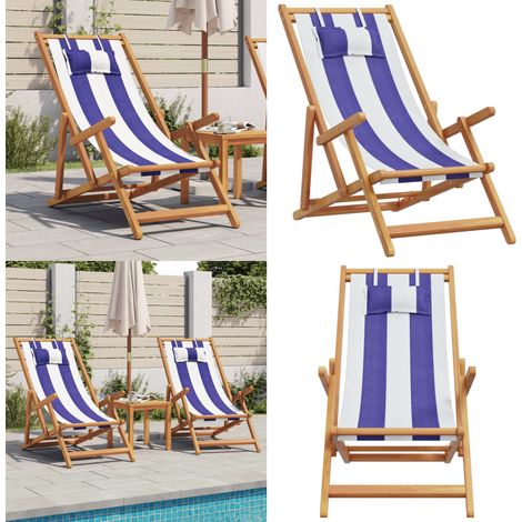 Strandstuhl Klappbar Blau Weiß Massivholz Eukalyptus und Stoff - Holzmöbel - Gartenstuhl - Lounge Chair - Sonnenliegen - Outdoor Möbel - Home & Living (1/5)