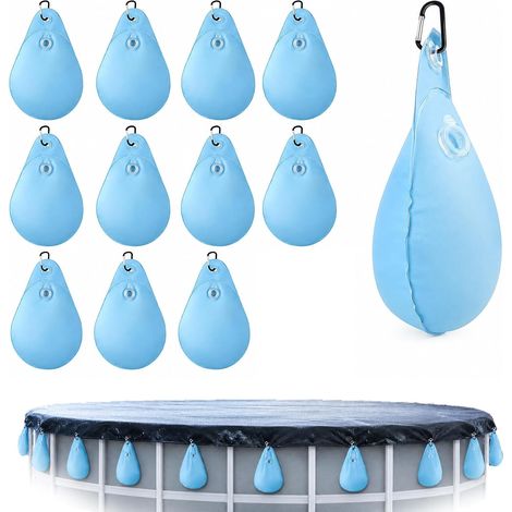 Lot de 12 sacs à eau pour piscine - Avec crochets - Bleu PVC, remplible, 12 crochets, résistant au gel et aux déchirures, pour piscine hors sol, bâche d'hiver, automne/hiver (1/5)