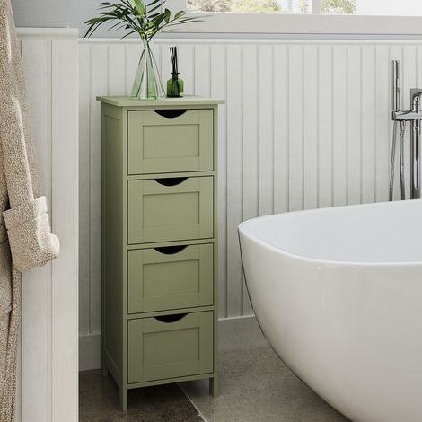 Meuble de Salle de Bain sur Pied, avec 4 Tiroirs, 30 x 30 x 82 cm, pour Salle de Bain, Salon, Salle à Manger, Cuisine, Style Moderne, Vert Olive (1/5)