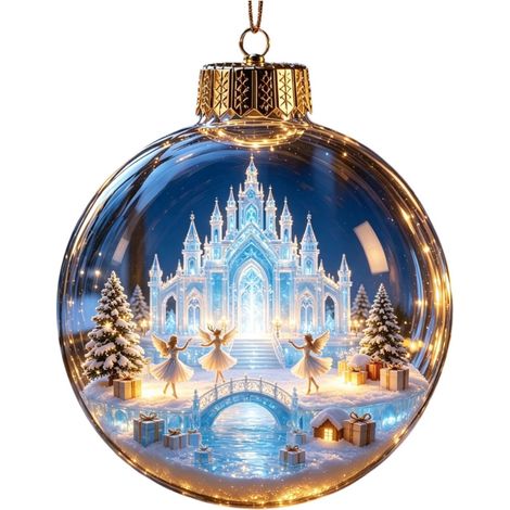 Boule à neige de Noël en acrylique avec lumière LED, scène de traîneau de rennes enneigée, décoration à suspendre pour sapin de Noël de style américain (1/5)