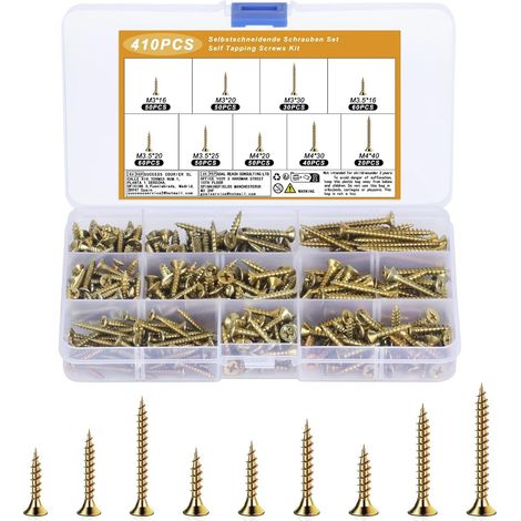 410-teiliges Universal-Set für selbstschneidende Holzschrauben, M3 M3,5 M4, Flachkopfschrauben, Blechschrauben-Sortiment, Senkkopfschrauben-Set