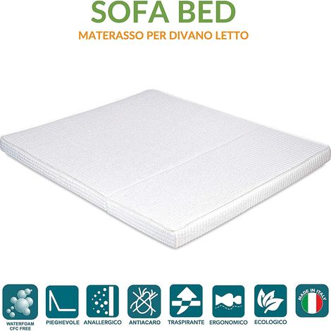 EVERGREENWEB - Materasso Singolo 80x190 H 10 cm per Divano Letto, Pronto letto con Piega su Seduta, PIEGHEVOLE in Poliuretano Ortopedico Rivestimento Bianco ANALLERGICO, Laccetti di Fissaggio BED SOFA