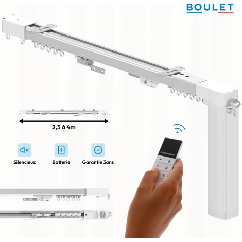 Kit rail à rideaux motorisé sans fil – Extensible 230 à 400 cm – Batterie rechargeable – Télécommande incluse – Boulet