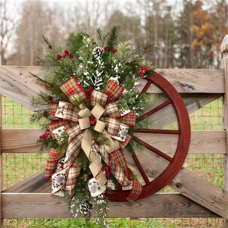 Couronne De Roue De Charrette - Décor Hivernal Rustique Avec Rubans Et Branches De Pin - Pour Porte D'Entrée Fenêtre Jardin Intérieur Extérieur - 1 Pièce (1/4)