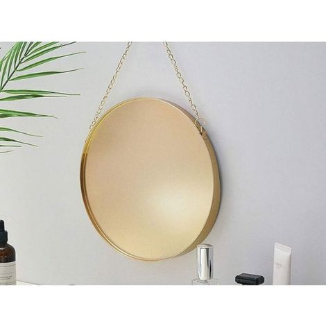Miroir Suspendu, 25 x 25 cm Miroir de Maquillage de Salle de Bain Rond Cadre en Laiton avec chaîne de Suspension Style Simple [Pet (1/5)