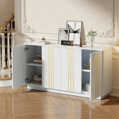 Aparador de almacenamiento 35x140x70 cm, 4 puertas, espacio interior dividido, tablero de partículas, blanco y dorado (1/5)