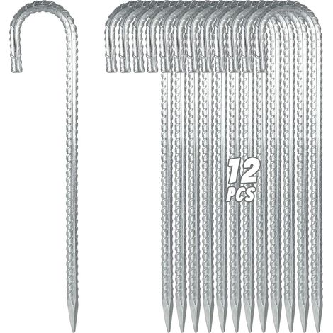 Lot de 12 Piquet de sol, Acier galvanisé, Forme J, Longueur 30 cm, Pour tente camping auvent trampoline (1/5)
