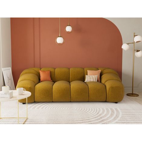 Lisa Design – Canapé droit 3 places en velours texturé jaune – Structure en bois massif – Dimensions 240x115x72 cm – Style contemporain