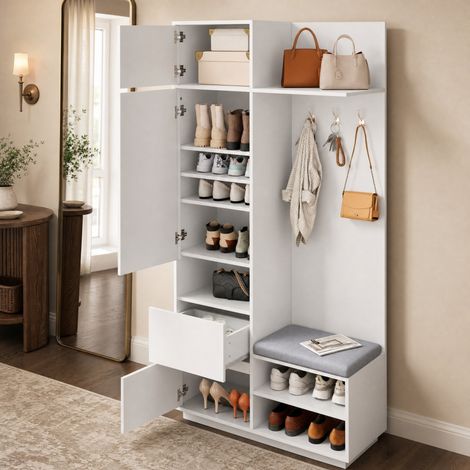 Kompaktgarderobe mit Spiegel und Sitzbank,Flurgarderobe mit Schuhschrank und Haken, Kleiderhaken,Kompaktgarderobe,Flurmöbel Set,Flurgarderobe (1/5)