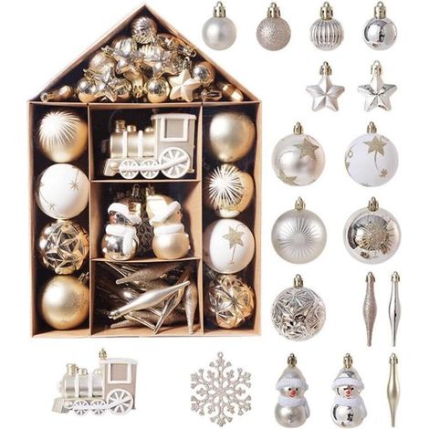 Set mit 70 bruchsicheren, champagnerfarbenen Weihnachtskugeln aus Kunststoff, glitzernde Kugeln zum Aufhängen an Weihnachtsbäumen
