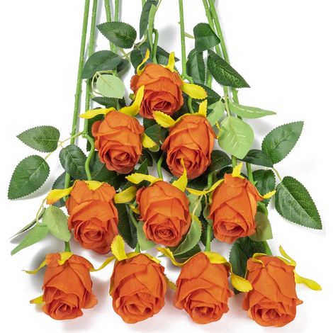 Lot de 10 Roses artificielles en Soie pour décoration de Mariage, Maison, fête (Orange brûlé) (1/5)