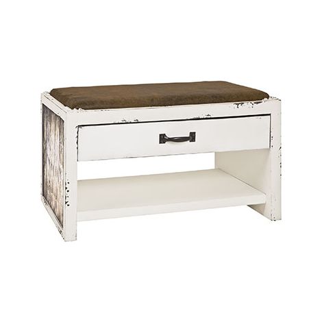 Banc vintage 1 tiroir 72x40x43 cm blanc vieilli motif bois
