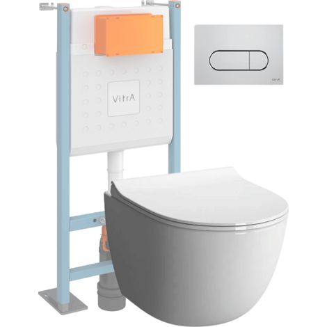 Pack WC suspendu VitrA Sento blanc + bâti autoportant V-Fix Core + Plaque Round chromé