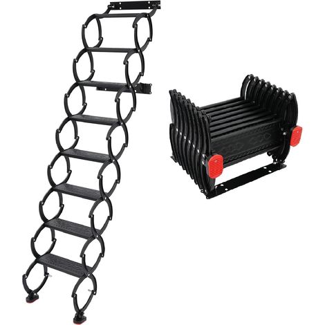 Escalier pliant mural extensible 8 marches en accordéon, capacité de charge par marche 200 kg, sol à plafond 220 cm, pour greniers, garages, toits, caves (noir) (1/5)