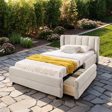 Cadre de lit beige en chenille 85 x 43,7 x 29,5 cm (1/5)