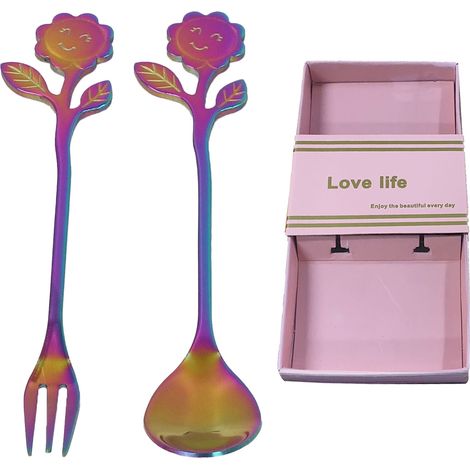Ensemble Cuillère Fourchette en Une Pièce, Poli Miroir, Style Élégant et Confortable pour Maison ou Cadeau - Coloré
