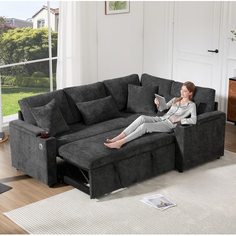 Canapé d’angle convertible en chenilla gris oscuro 206,5x141x86 cm con chaise longue derecha y arcón (1/5)