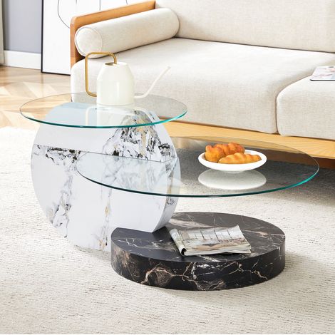 Mesa de centro 90x70x44 cm negro y blanco – doble tablero de vidrio de seguridad y MDF mármol MEUBLIV (1/5)