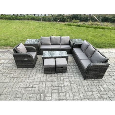 Fimous Ensemble de canapés en rotin 9 places Salon de jardin avec Table basse rectangulaire 2 Petits tabourets Canapé 3 places 2 Tables d'appoint Gris foncé mixte (1/5)