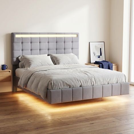 Lit adulte 160x200 cm en lin, lit double flottant avec LED et USB, cadre de lit capitonné avec sommier, tête de lit réglable, style moderne, Gris (1/5)