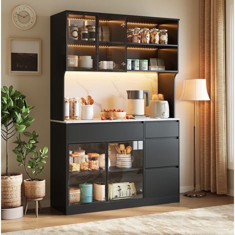 MEUBLIV Buffet haut vitrine 120 x 40 x 180 cm noir et blanc – LED intégrées et rangement (1/5)