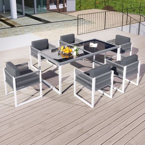 Salon de Jardin Repas en Corde 6 Places avec Fauteuils et Coussins Déhoussables (1/5)